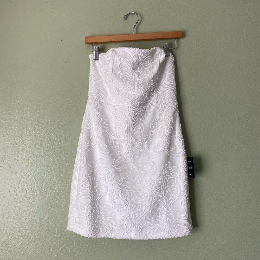 Lulu’s Strapless Embroidered White Decal Bodycon Dress